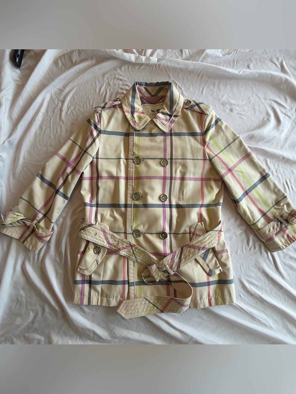 NWT Women's Short Coach Trench Coat with Belt Beige/Plaid Medium MSRP $398 - Picture 1 of 12